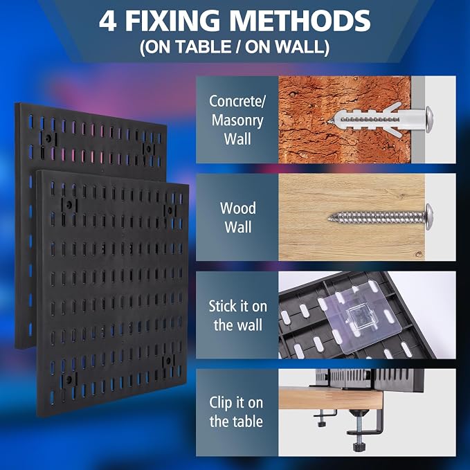 Gaming Desk Organizer - Clamp-on Desk Pegboard, No Drill Desk Side Storage with 5 Hooks and 1 Tray, Detachable Gaming Pegboard for Office & Home Desktop Organizer