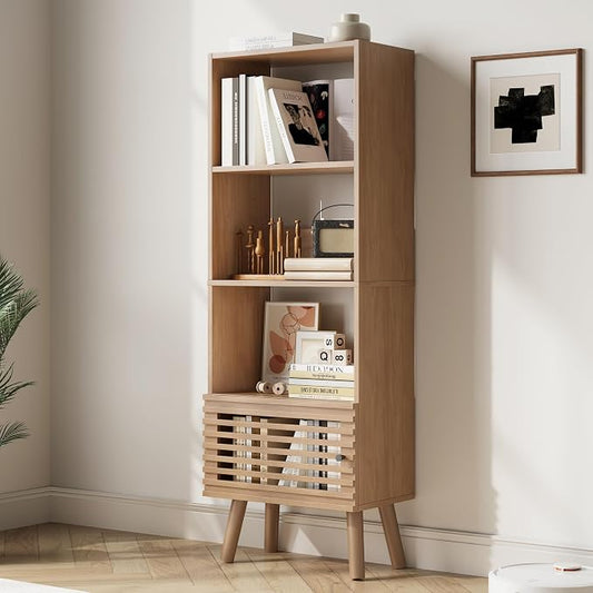 Furnify Small Narrow Corner Bookcase, 55" H Mid-Century Modern Bookshelf with Slatted Door, 4 Cube Bookcase with Open Shelf, Display Storage Cabinet for Living Room, Home Office, Oak