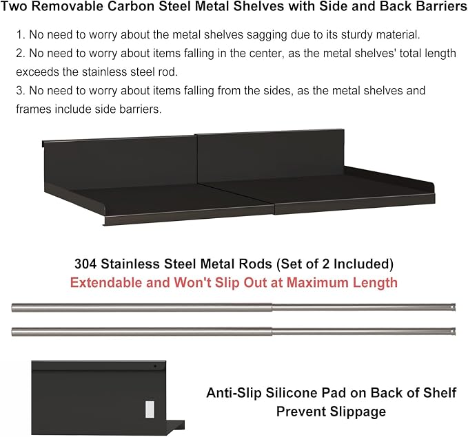 Expandable Under Cabinet Shelf Organizer with 0.94 Inches Thick Clips, Heavy Duty Extendable Under Shelf Storage Basket for Pantry or Laundry Room, Black, 1 Pack, Interior: 5.7" H x 8.54" D