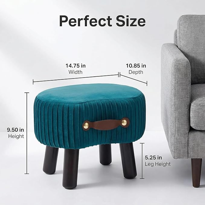 Foot Stools Small, Ottomon with Handle, Velvet Footrest Ottoman | Curved Foot Stool with Padded Seat Wooden Legs, Portable Foot Rest for Living Room, Bedroom, Entryway, (Peacock Blue)