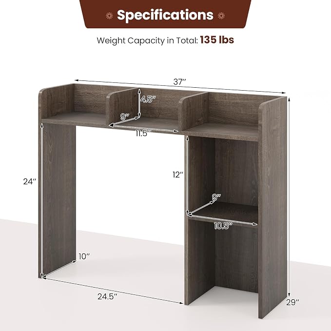MAT EXPERT Desk Organizer, Wooden Desktop Shelf for 27 Inch Monitor with 5 Shelves & Non-Slip Foot Pads, Anti-Tipping Device, Multipurpose Desk Hutch for Study, Office, Dorm (Grey)
