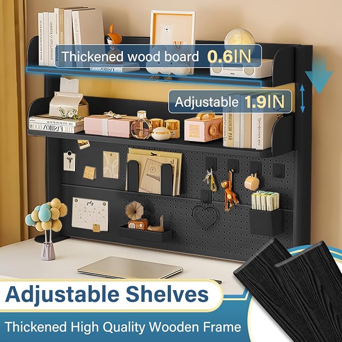 Clamp on Desk Organizer Shelf with Pegboard, Multipurpose Countertop Hutch Bookshelf, Desktop Bookshelf Storage Shelves for Home Office Dorm Gaming Desk,Black (39.4in)