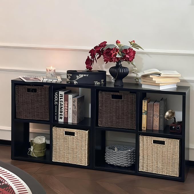 IRONMIX Metal 4 Cube Storage Organizer, Short Black Bookshelf with Storage, Small Horizontal Bookshelf, 2 Tier Open Bookcase Cube Shelf, Small TV Stand for Home Office Library (Black, 700)