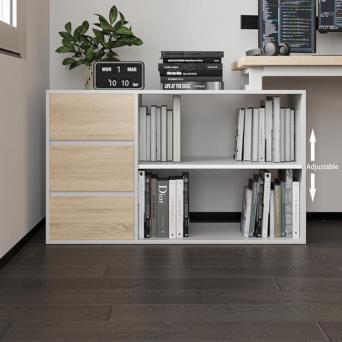 Mekminop L Shape Computer Desk with 3 Drawers and 2 Shelves, Home Office Desk Corner Small Desk with Storage Cabinet for Writing Study Executive – Walnut and White
