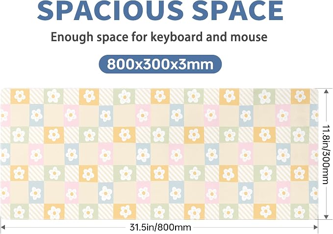 Cute Checkered Mouse Pad Large Desk Mat Extended Keyboard XL Mouse Pad Kawaii Mousepad with Non-Slip Base and Stitched Edge Daisy Mouse Mat Desk Pad 31.5 x 11.8 in Mouse Pads for Desk Home Office