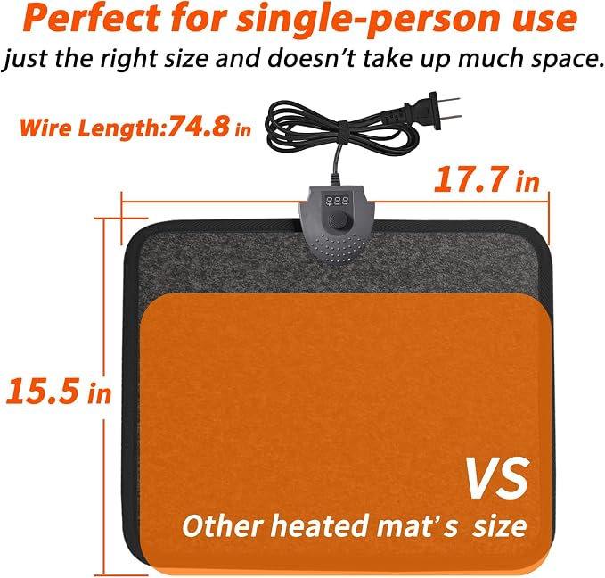 Heated Floor Mat Under Desk for Foot Warmer - Wider 110V Adjustable Temperature Electric Space Heaters Heating Pad - Carbon Crystal & Energy Saving Feet Warmers for Office,Home (Black Gray)