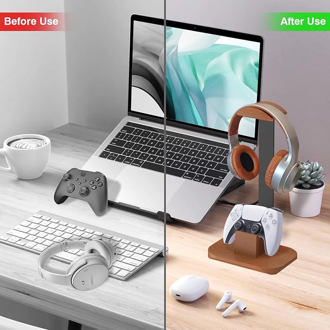 Walnut Headphone and Controller Stand, Desk Gaming Equipment Wooden Headset Controller Holder, Earphone Hook for Game Room Desktop PC Accessories, Gamer Gifts