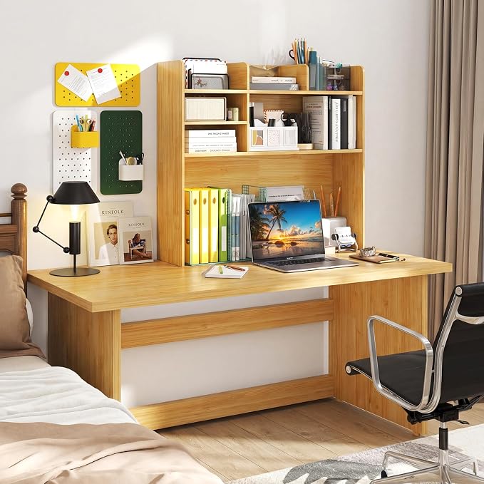 Giantex Desktop Bookshelf, 37" Desk Hutch Dorm for Computer Up to 32 Inch, Countertop Hutch w/6 Storage Shelves, 3-Tier Desktop Organizer Display Rack, Wood Desk Shelf for Home Office (Burlywood)