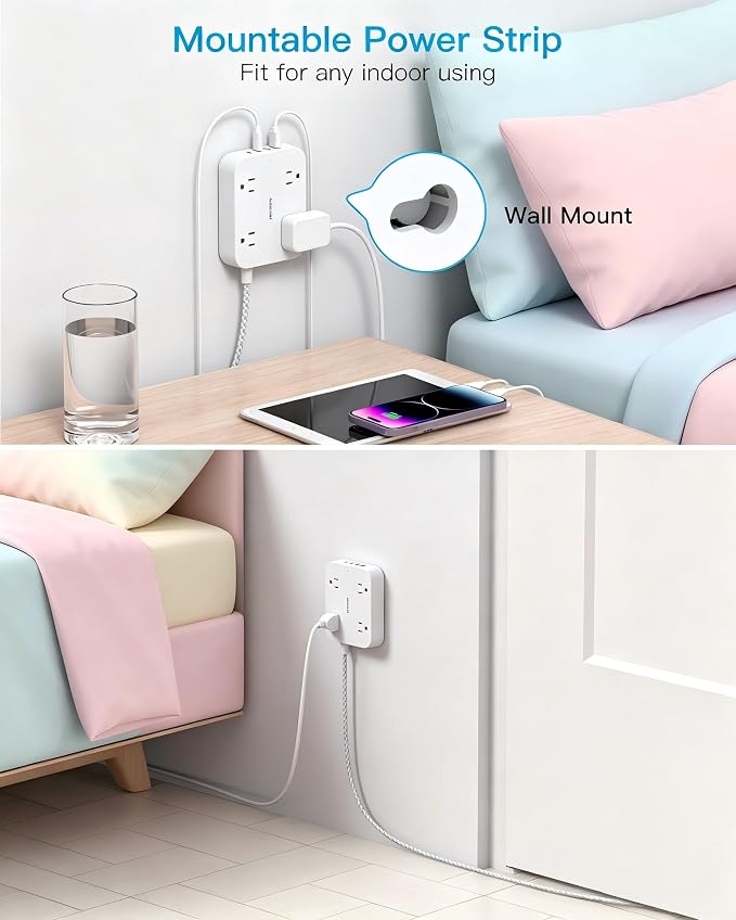 3Ft Short Power Strip with 4 USB Ports (2 USB C), 4 Widely Spaced AC Outlets, Cruise Ship Approved, Wall Mount Desk Charging Station for Office, School, Travel, Dorm Room Essentials, ETL Listed