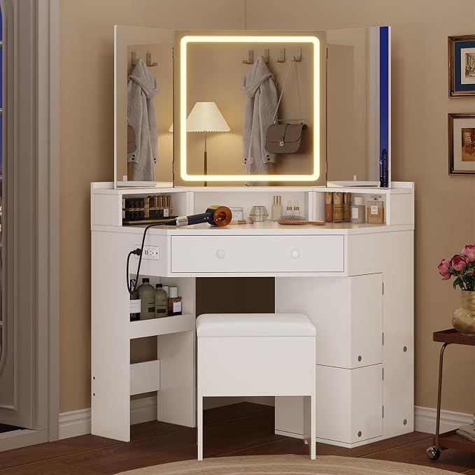 HAUOMS Vanity Desk with Tri-Fold Mirror and Lights, Storage Stool, Corner Makeup Vanities with Drawers & Power Outlet, 3 Light Settings, Dimmable for Bedroom, Women Girls, White