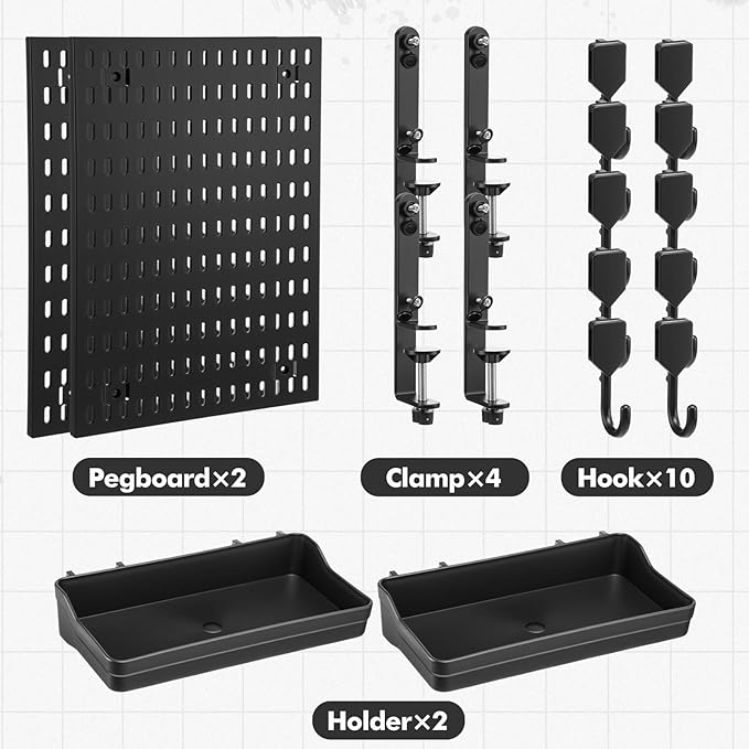 Marspark Clamp-on Desk Pegboard 2-pack (24" x 16" Combined Size) Privacy Divider & Desk Partition Panel Office Accessory Organizer No-drill Mounted Pegboard for Home, Office, Gaming, Black