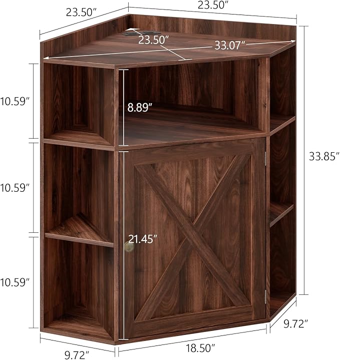 Halitaa Corner Storage Cabinet, Farmhouse Corner Bookshelf with Storage 6-Cubby Wooden Cabinet with USB Ports and Outlets Industrial Organizer for Small Space, Study, Playroom, Living Room, Walnut