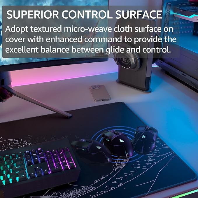 KTRIO Large Gaming Mouse Pad, Desk Mat, 31.5 x 15.7 in, Kanagawa Wave, XXL | Smooth Micro-Weave Surface, Artistic Pattern Design, Non-Slip Rubber Base, Durable Stitched Edges, Office & Home Use