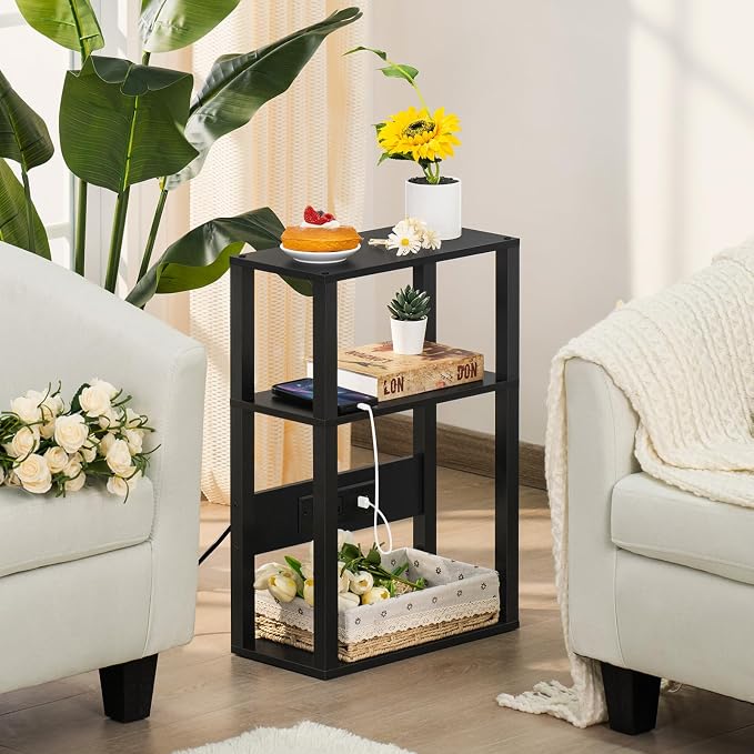 YUFAM 3-Tier Small Narrow Wood Side Table Set of 2 with Charging Station - Skinny Nightstand for Small Spaces, Slim Bedside Table with USB Ports and Outlets - Thin End Table with Storage, Black