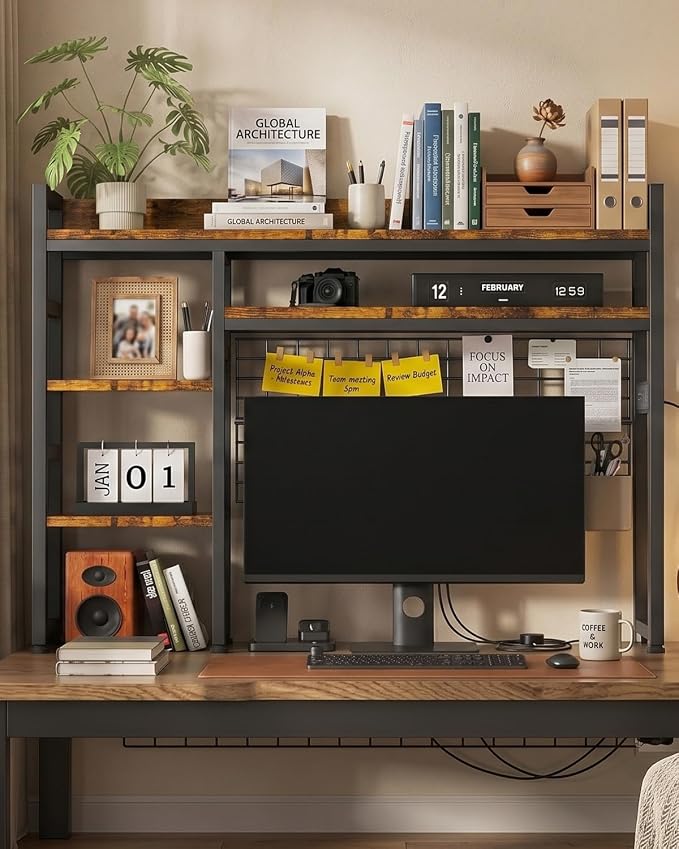 SANYOUNG 45.3" Desktop Hutch Bookshelf with Power Outlet, Heavy-Duty Desk Shelf Bookcase with Grid Panel, 3 Tier Adjustable Countertop Organizer Rack, for Home Office, Dorm, Rustic