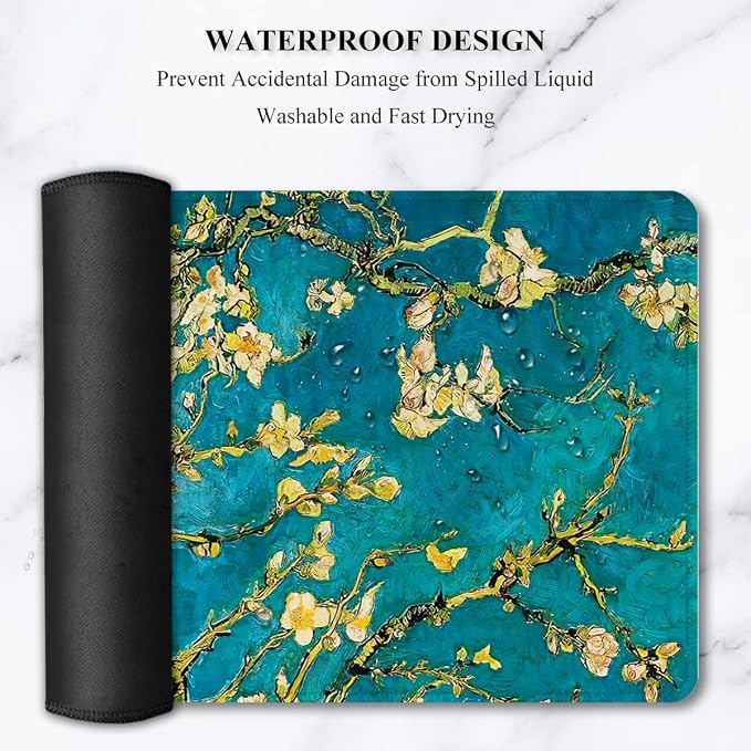 Auhoahsil Desk Pad, XXL Large Mouse Pad, Extended Gaming Mousepad, Cute Desk Mat for Women, Big Office Accessories Mouse Pad for Computer Keyboard and Laptop, 35.6" x 15.7", Teal Van Gogh Almond Tree