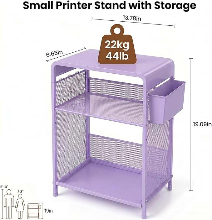 ECOLOVI 3 Tier Printer Stand for Under Desk, Height Adjustable Shelf Small Printer Table with 3 S-Hooks & Basket, Heavy Duty Industrial Storage Shelf for Home Office (Purple Metal)