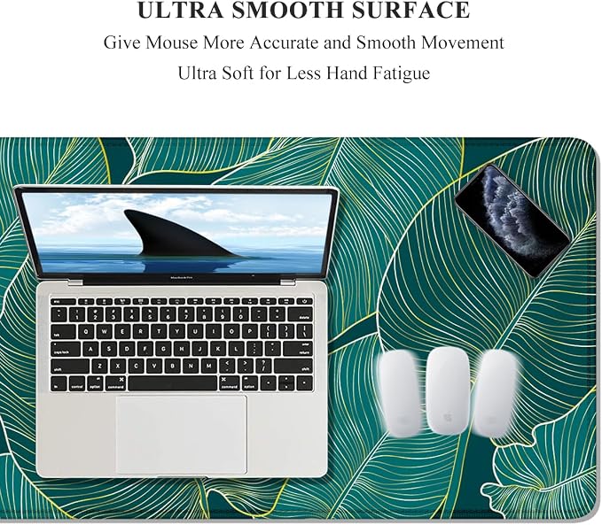 Auhoahsil Desk Pad, XL Extended Large Gaming Mouse Pad 31.5 x 11.8 Inch, Waterproof Mousepad with Stitched Edge, Non-Slip Computer Keyboard Laptop Mat for Women Men Office Work, Teal Tropical Leaves