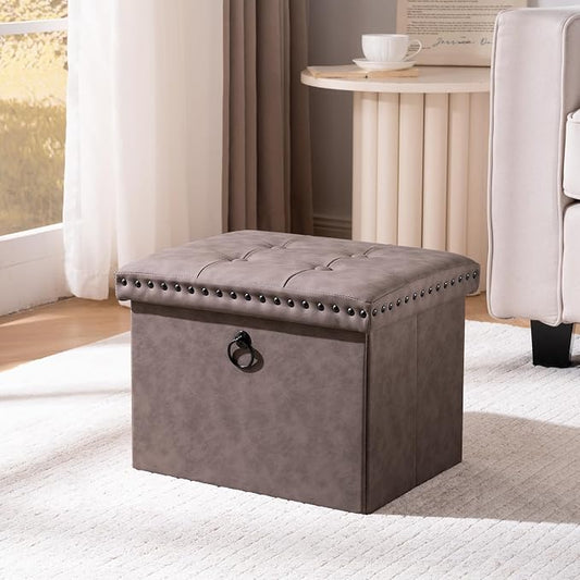 oakvivo 16x12x12 Inches Folding Cube Storage Ottoman, Small Leather Foot Rest Stool with Button Tufted Rivet Design, Footstool Bench, Ottoman with Storage for Living Room, Coffee Table, Oak Brown