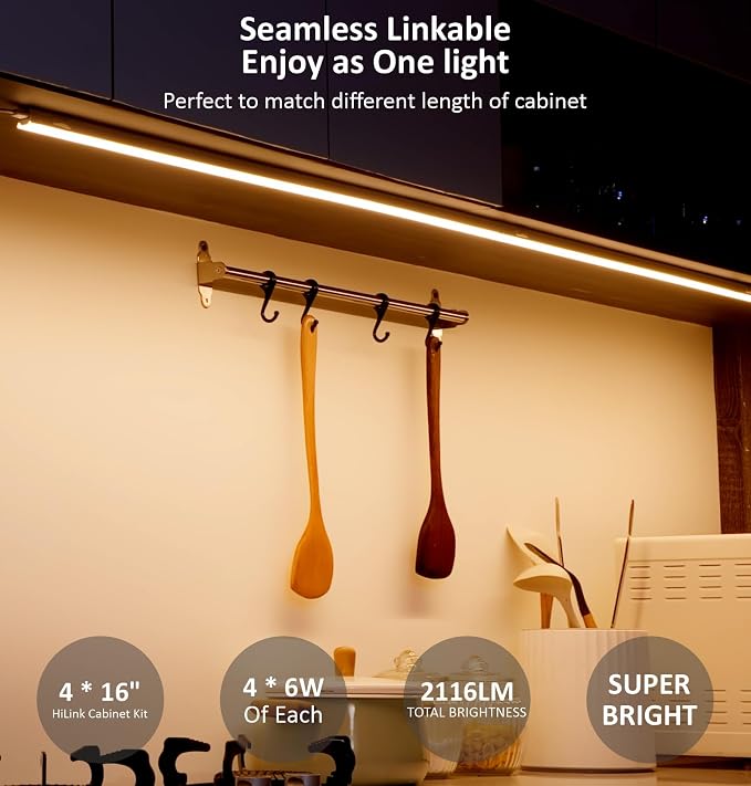 Leetdud Under Cabinet Lighting Plug in, 16 Inch 4 Pcs, Linkable AC120V 3CCT 3000K/4000K/5000K Ultra Slim, LED Under Cabinet Lights for Counter Light, Kitchen, Shelf, Sink, Workshop, Desk, Bronze