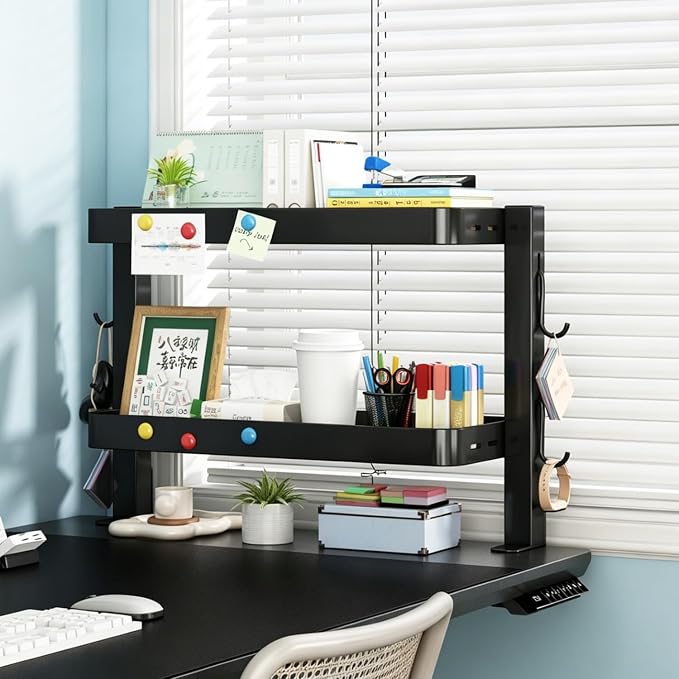 Clamp-On Desk Shelf Organizer, Adjustable 2-Tier Metal Desk Side Storage Rack with 4 Hooks, Space-Saving Desktop Caddy for Home Office, Stationery & Office Supplies (Black)