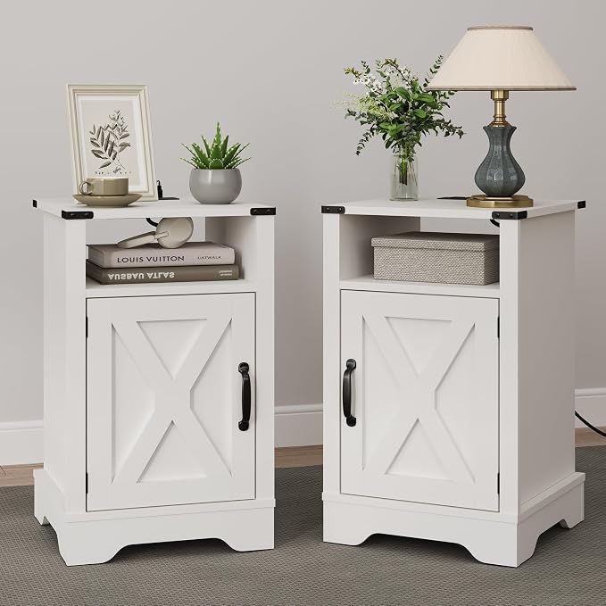RoyalCraft 25" Tall Nightstand Set of 2, Farmhouse Nightstand with Charging Station, Large End Table with Storage, White Wood Bedside Table for Bedroom, White