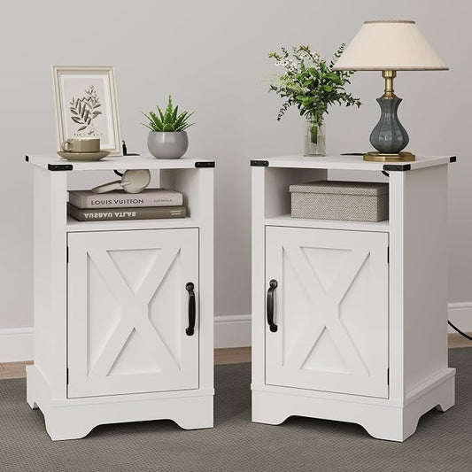 RoyalCraft 25" Tall Nightstand Set of 2, Farmhouse Nightstand with Charging Station, Large End Table with Storage, White Wood Bedside Table for Bedroom, White