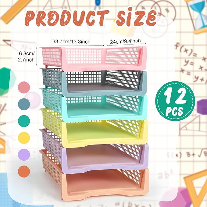 Tenceur 12 Pcs Turn in Trays Classroom, Stackable Tray for Classroom Plastic Storage Baskets Teacher Organizers for Library Drawers Office Desk, 13.3 x 9.5 x 2.7 Inches (Pastel Colors)