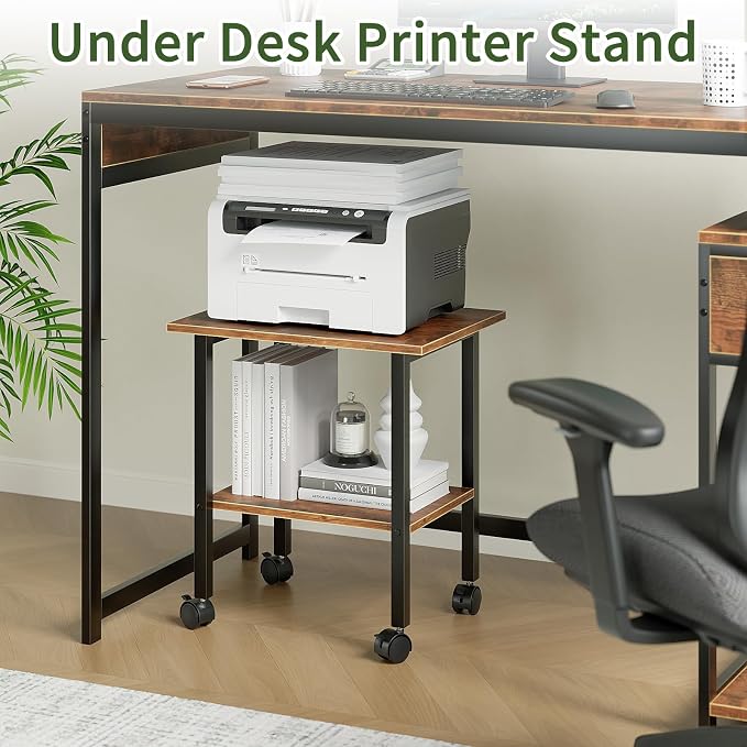 2 Tier Printer Stand with Storage, Under Desk Printer Table, Space-Saving Printer Table with Locking Wheels, Rolling Printer Cart for Home Office, Rustic Brown