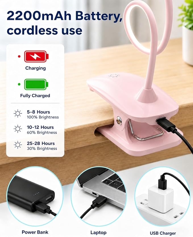 Clip On Reading Light for Bed Headboard, USB Rechargeable Cordless Clamp Lamp for Dorm Room Essentials, Touch Dim, 3 Colors, Eye Protect LED Desk Lamp for College Dorm Room, Gooseneck, Pink