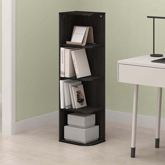 Frei 4-Tier Corner Bookcase, Bookshelf, for Home Office, Living Room, Bedroom, Black Oak