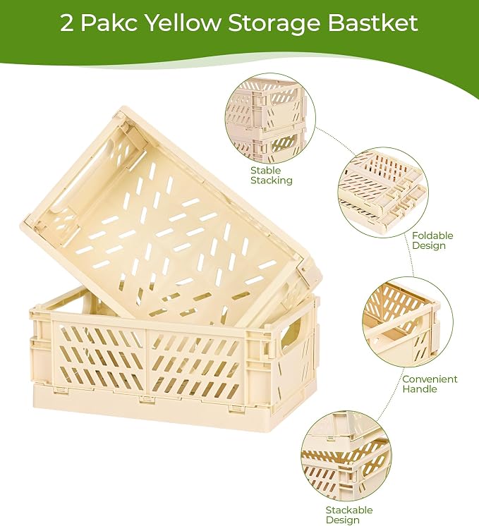 HUUSMOT 2-Pack Small Pastel Plastic Storage Baskets, Collapsible Crates for Organizing, Space-Saving Mini Bins for Classroom, Kitchen, Office, Bedroom (Yellow, 9.8" x 6.5" x 3.8")