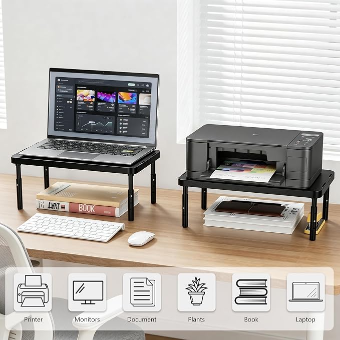 WALI Monitor Riser for Desk, 3 Height Adjustable Laptop Riser with Airflow Vents, Desk Organizer for Computer/Printer/Notebook, 2-Pack for Dual Monitor Setup, Black (PTT001‑2)