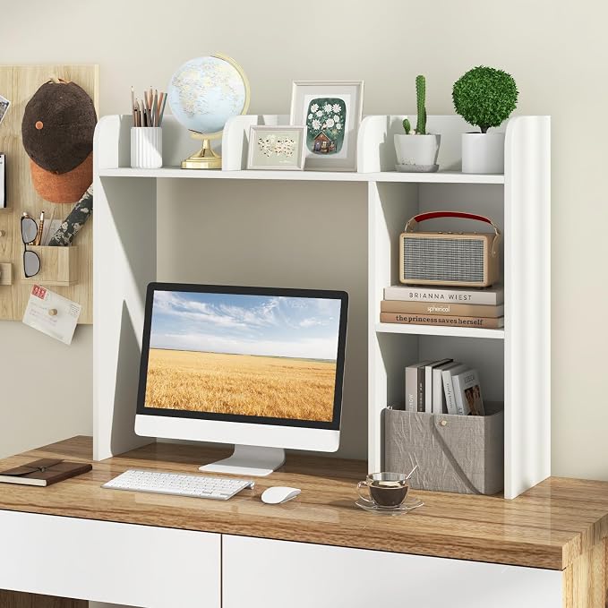 Desktop Bookshelf, 3-Tier Desk Organizer Shelves with 5 Display Rack, Countertop Storage Bookcase for Computer Desk, Desk Hutch Shelf for Top of Desk, Dorm, Home, Office (White)