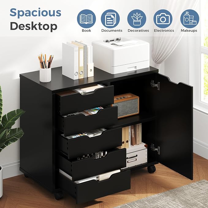 DUMOS 5-Drawer Office Storage File Cabinet Organizer with Wheels, Black | Under Desk Cabinets with Shelves and Door Printer Stand with Wood Board Metal Frame for Home Office Storage Craft Room
