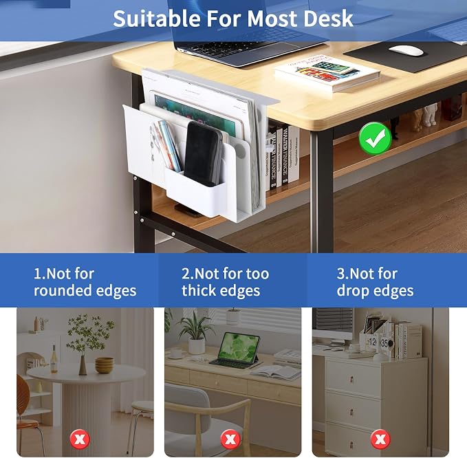 LUKETURE Desk Side Storage, 2 Tier Steel Side Desk Organizer, No Drill Laptop Holder, Clamp on Laptop Mount with Pen Holder, Fits Flat Edge Tables 0.3" to 2.8" (White, L(2 Tier))