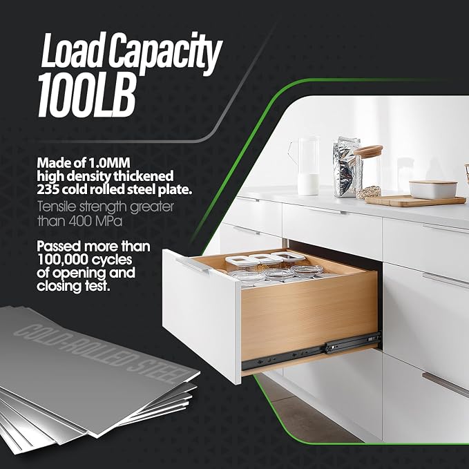 1 Pair Full Extension Ball Bearing Drawer Slides 8 10 12 14 16 18 20 22 24 Inch 100 LB Load Capacity Side Mount File Cabinet Rails Dresser Metal Runner Trash Can Kitchen (18 inch, Black)