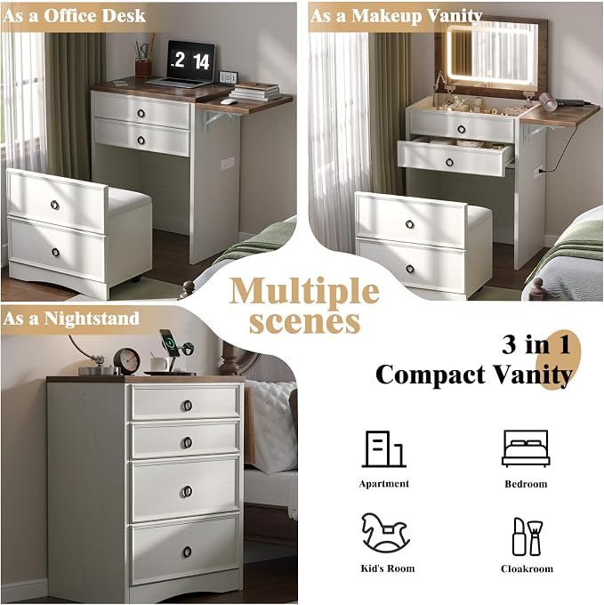 LUXOAK 3-in-1 Small Vanity Desk with Mirror and Lights, Compact Hidden Vanity Set with Stool & Charging Station, Makeup Table for Girls Bedroom and Dressing Room, Rustic White