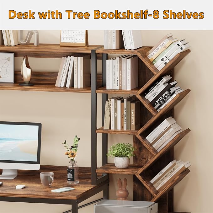 YOMILUVE Reversible Computer Desk with Hutch, Home Office Desk with Drawers and Bookshelf, 52'' Study Writing Desk with Storage Shelves for Bedroom Home Office, Rustic Brown