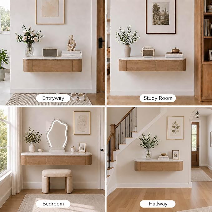 Floating Makeup Vanity Desk With Drawers Wall Mounted Makeup Table With Storage Fully Assembled Floating Vanity Desk Space Saving Modern Dressing Table For Bedroom Closet(Walnut Marble,55.1")