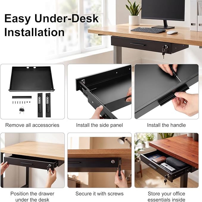 Menkxi 22'' x 14'' Under Desk Drawer Slide Out Storage Organizer, Lockable Metal Desk Drawer for Laptop and Office Accessories, Large Hidden Under Table Storage Box with Cable Management, Black