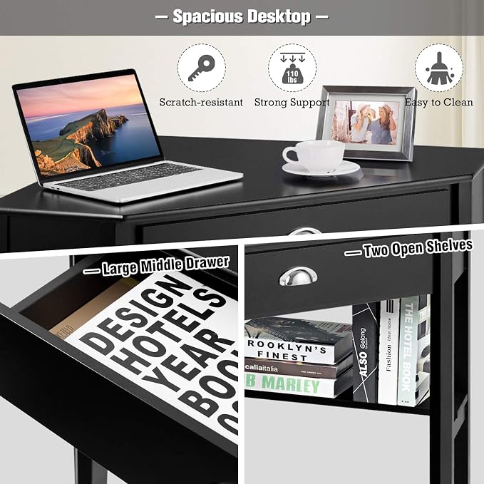 GOFLAME Computer Corner Desk, Wood Compact Home Office Writing Workstation with Drawer and Shelves, Laptop PC Corner Table for Small Space Home Office, Black