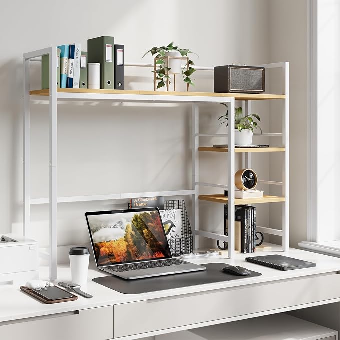 HavenlyYouth Desk Shelf, 38.6 Inch Wood Desk Organizer Shelf for Computer Monitor, Desk Hutch Storage, Desktop Shelf for Top of Desk, 3 Tier Desktop Bookshelf for Home Office Dorm, White