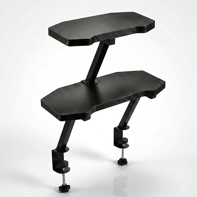 Clamp-On Dual-Layer Desk Shelf Set, Stackable Floating Desk Shelf with Carbon Fiber Textured Surface, 18mm Solid-Core Wood,(Textured Black, 1 Large + 1 Small)
