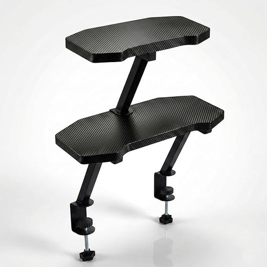 Clamp-On Dual-Layer Desk Shelf Set, Stackable Floating Desk Shelf with Carbon Fiber Textured Surface, 18mm Solid-Core Wood,(Textured Black, 1 Large + 1 Small)