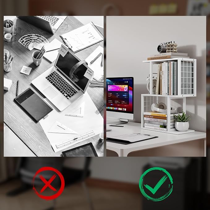 Small Desktop Bookshelf Organizer, White 3-Tier Desk Shelf with Metal Hook Workspace Organizers for Desk Organization and Office Storage Table Bookcase