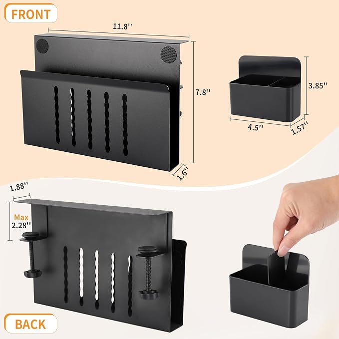 Desk Side Storage with Pen Holder, No Drill Hanging Desk Organizer Under Desk Storage Mount, Clamp-On Laptop Holder Table Side Tray Desktop Organization for Office and Home (Black)