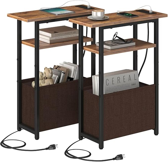 sthmec Narrow Side Table with Charging Station Set of 2, Small End Table for Small Spaces, Skinny Nightstands Set 2 with Storage Basket,Sofa Bedside Tables for Living Room,Bedroom, Rustic Brown