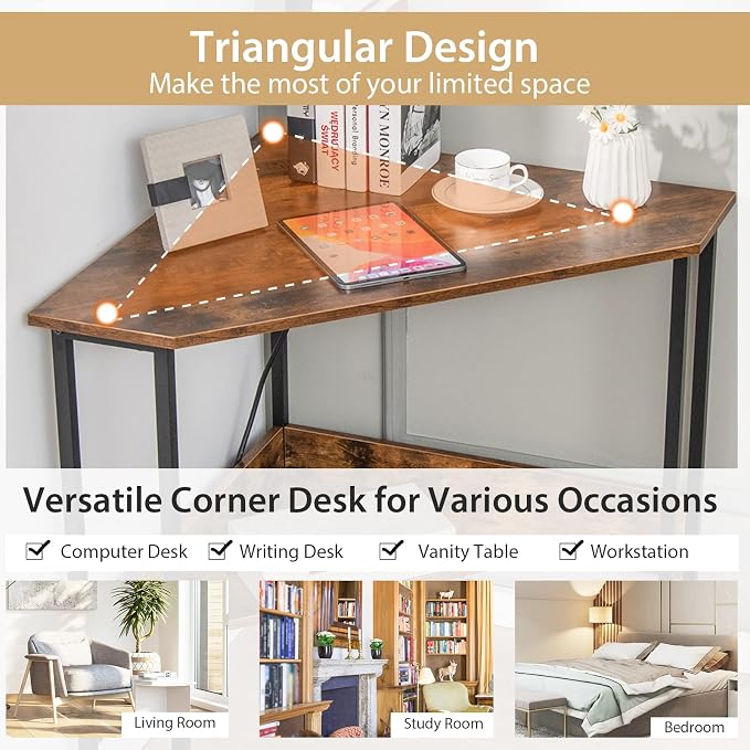 HOMGX Triangle Corner Computer Desk for Small Space, Rustic Brown, Modern Style, Space Saving, USB Ports & Power Outlet, Sturdy & Durable Construction, 28.5" x 30"