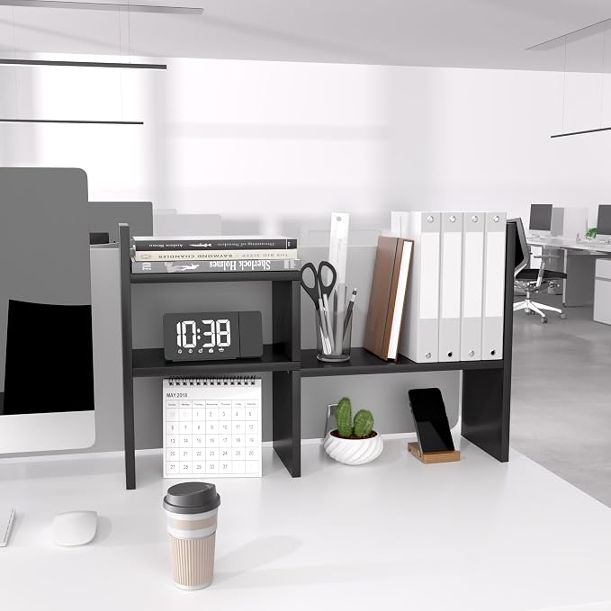 Jerry & Maggie Desktop Organizer Office Storage Rack Adjustable Wood Display Shelf 2 Shelves Free Style Rotation Display Natural Stand Black 2 Pack